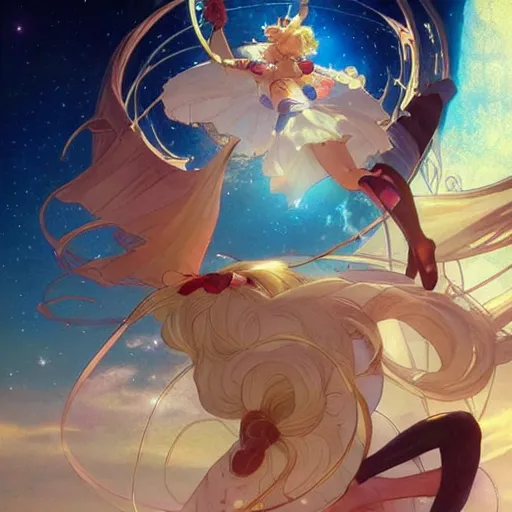 Prompt: Sailor Moon jumping accross the Moon, nature unity, planets align, clear sky high detail, high detail face, art by artgerm and greg rutkowski and alphonse mucha