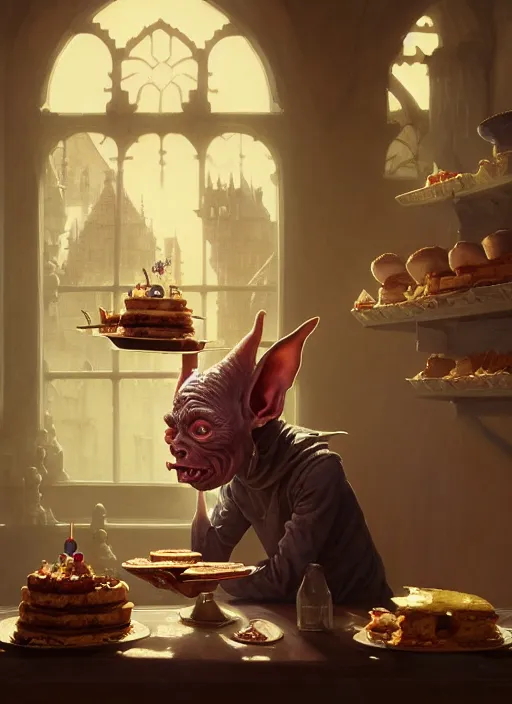 Image similar to highly detailed portrait of a medieval goblin eating cakes, stephen bliss, unreal engine, greg rutkowski, loish, rhads, beeple, makoto shinkai and lois van baarle, ilya kuvshinov, rossdraws, tom bagshaw, tom whalen, alphonse mucha, global illumination, god rays, detailed and intricate environment