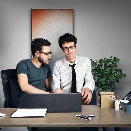 Prompt: two men sitting in the office in front of laptop, high details, art station,