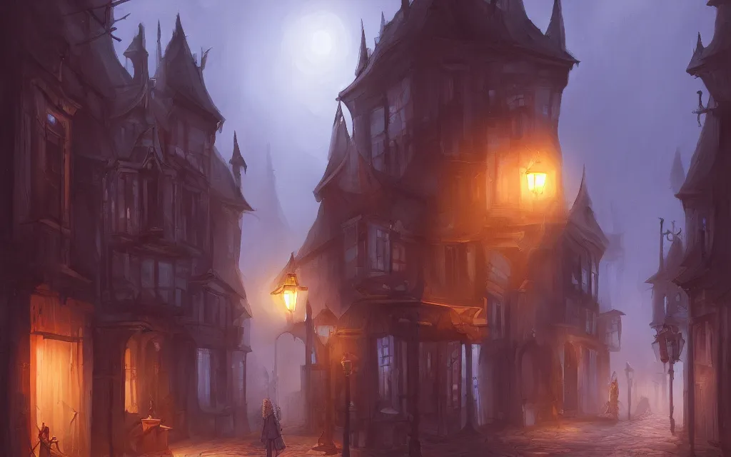 Image similar to Sideview of an 18th gothic street at night. Trending on artstation, digital painting, sidescroller, high fantasy.