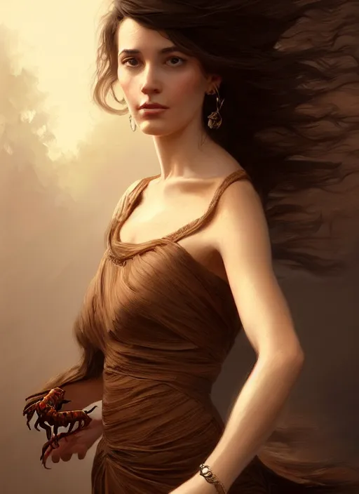 Prompt: portrait of a woman with brown hair wearing a flowing dress, holding her hand out with a scorpion on the hand, intricate, elegant, highly detailed, digital painting, artstation, concept art, smooth, sharp focus, illustration, art by wlop, mars ravelo and greg rutkowski