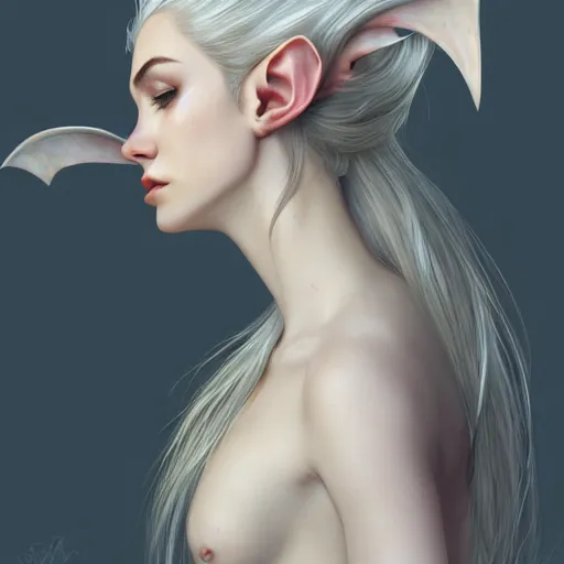 Prompt: side portrait of very beautiful elf, thorn crown, hair over face, headshot, looking up, hyper realistic, pale skin, bright white iridescent hair finish, white dress, 4k, rule of thirds, extreme detail, detailed drawing, trending artstation, hd, fantasy, D&D, realistic lighting, by Alphonse Mucha, Greg Rutkowski, sharp focus, backlit, elegant