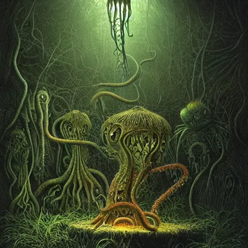 Image similar to a hyperrealistic painting of a tentacled alien lifeform in the middle of an alien jungle, bioluminescent plants, by john kenn mortensen and zdzislaw beksinski, highly detailed, vivid color,