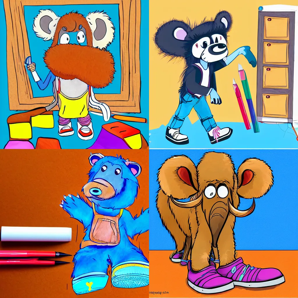 Prompt: anthropomorphic furry character of a young mammoth in shortalls and colorful sneakers. first day of class in a kindergarten classroom. mammoth digital art, brush pen, mammoth dramatic lighting