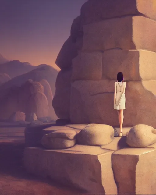 Image similar to a painting of a real woman standing in front of a huge stone statue, a screenshot by stanley twardowicz, cgsociety, aestheticism, aesthetic, vaporwave, anime aesthetic