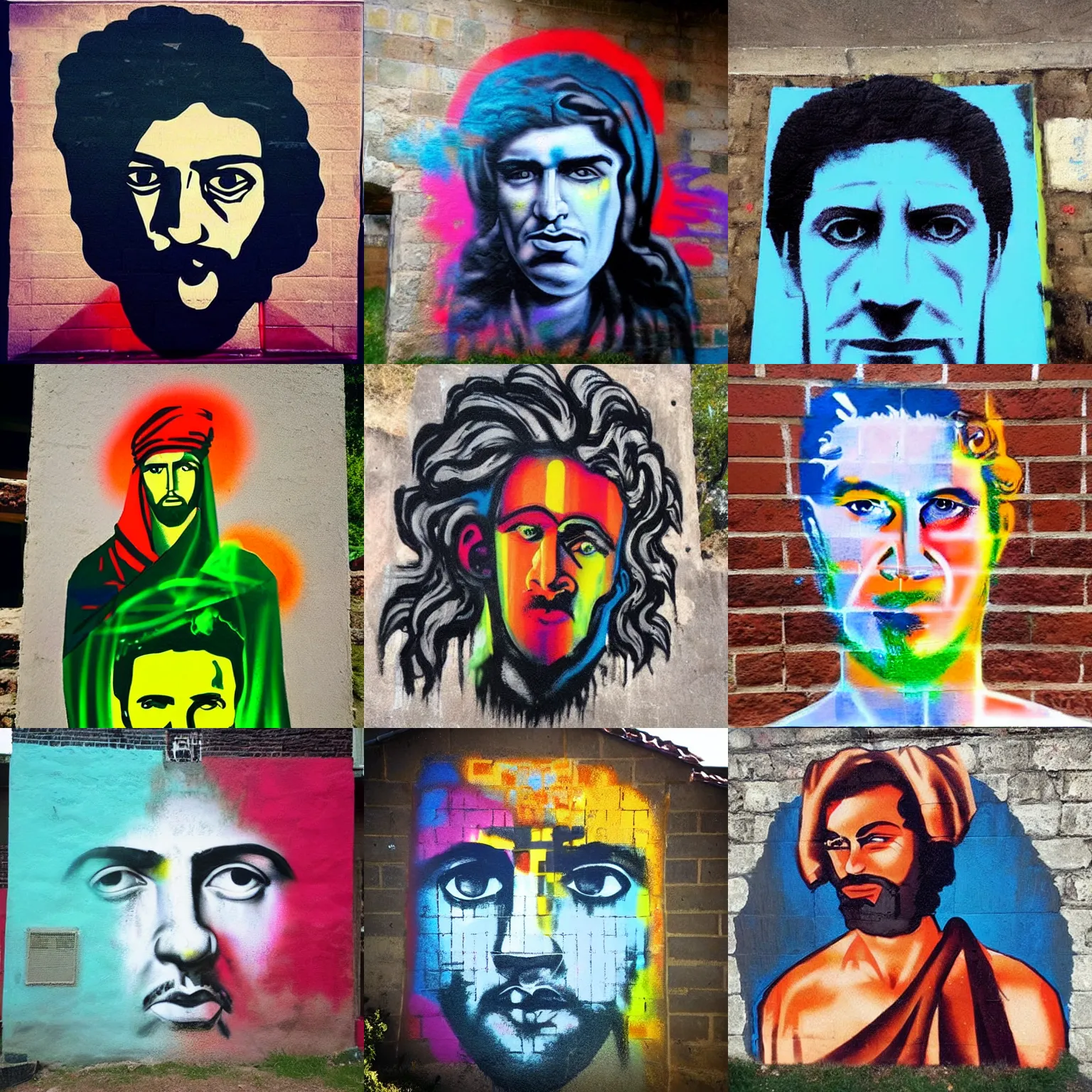 Prompt: “Spray paint stencil portrait of a Greek God on the city wall, amateurish and colorful, but very good looking”