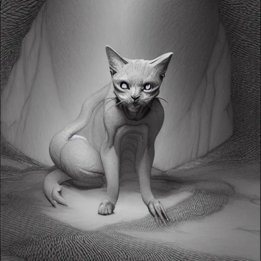 Image similar to photorealistic rendering of eldritch demon cat in the style of michael whelan, gustave dore, and stefan koidl. hyperdetailed photorealism, 1 0 8 megapixels, cinematic lighting.