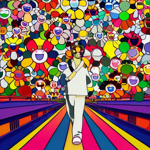 Image similar to man walking across bridge, bright colors, Takashi Murakami, Minimalist,