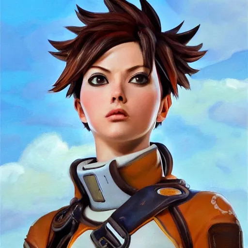 Image similar to oil painting of tracer overwatch in a field wearing large leather belt choker around neck, in style of mark arian, expressive face, detailed face, detailed eyes, full body, feminine face, tracer overwatch,