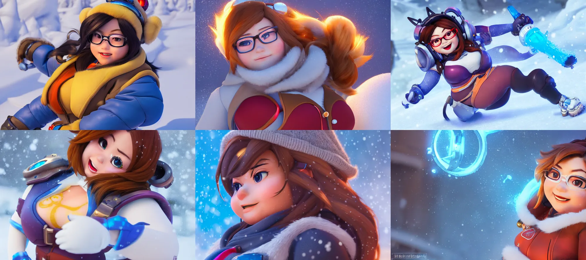 Image similar to hyperdetailed mei from overwatch as a disney pixar character, hd texture, beautiful 3D render, 8k, octane render, soft lighting, hyperrealistic, in the snow, sharp focus, golden hour, Mei-Ling Zhou