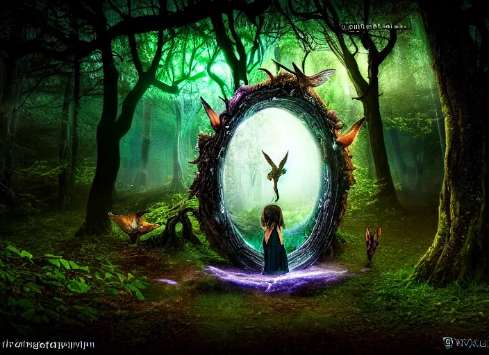 Image similar to photo of a portal to a different world with magical creatures in it, in the forest. Fantasy magic style. Highly detailed 8k. Intricate. Nikon d850 55mm. Award winning photography.