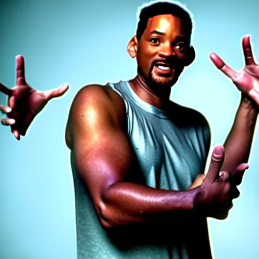 Image similar to will smith with 4 arms holding up his giant hand.. training montage, movie still, cinematic lighting, 3 5 mm film.