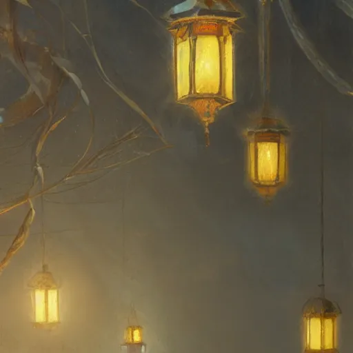 Prompt: concept art, siberian cat behind lanterns, 8 k, by james gurney, greg rutkowski, john howe, artstation