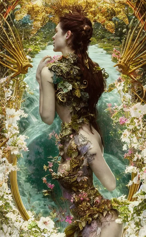 Prompt: hyper realistic photographer looking through a vintage medium format camera, taking pictures, magic pouring from lens, fantasy castle, full body waterfall water dress, design on white background, beautiful details, lush foliage cyberpunk, gold, drawn by john singer sargent, tom bagshaw, norman rockwell, alphonso mucha, lolish, trending on artstation