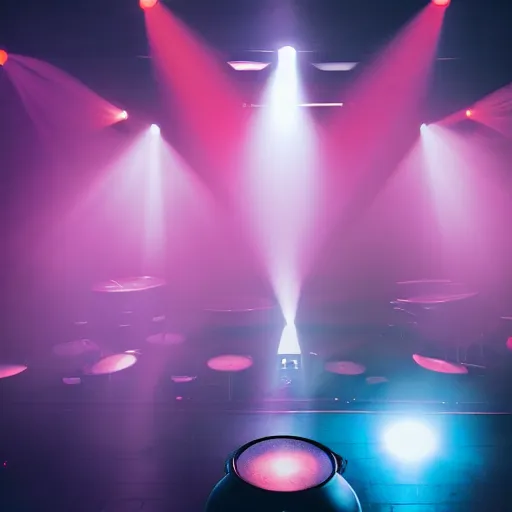 Image similar to a foggy dance club large speakers. volumetric lighting and thick fog. god rays. disco lighting. Amsterdam.