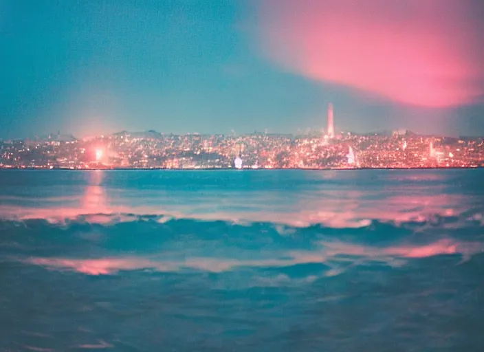 Image similar to photography, ocean at night, blue lighting, glowing city in the distance 35mm film,