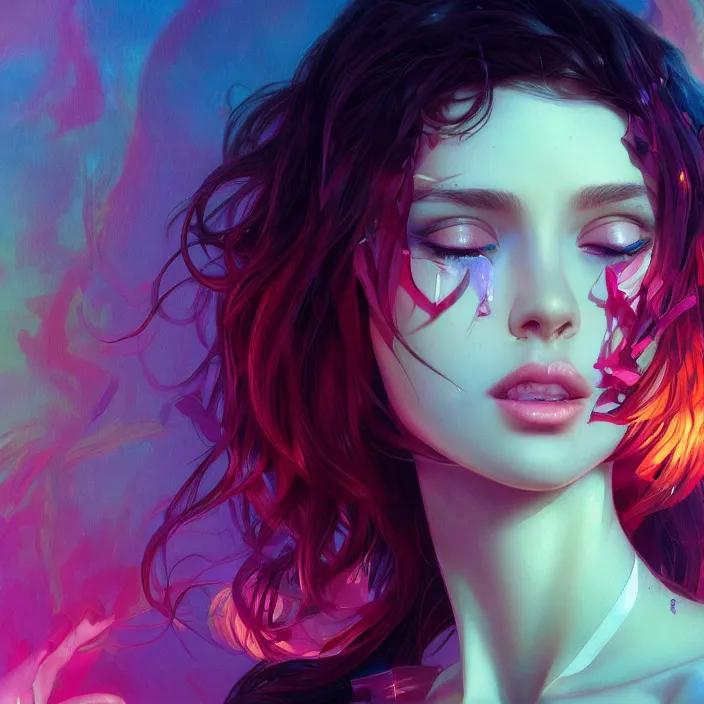 Image similar to young woman, gorgeous face, vaporwave aesthetic, synthwave, colorful, psychedelic, broken, shattered, beaten, sadness, crying, tears, artstation, concept art, smooth, extremely sharp detail, finely tuned detail, 8 k, ultra sharp focus, illustration, art by artgerm and greg rutkowski and alphonse mucha