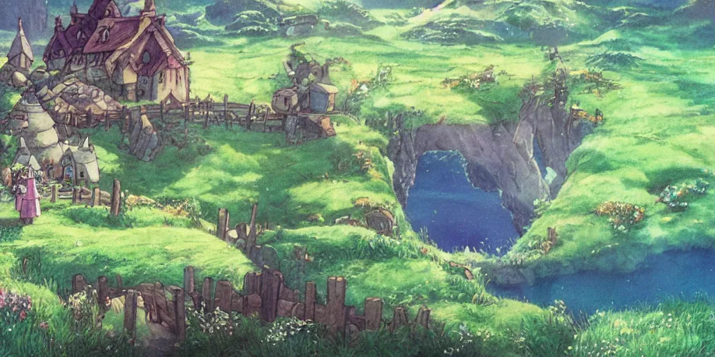 Prompt: a film still from howl's moving castle!!!!! of hobbiton, light bloom, studio ghibli!!!!!