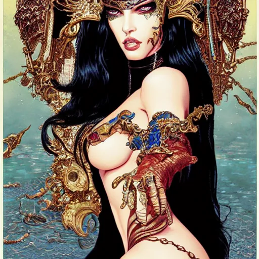 Image similar to portrait of megan fox wearing venetian mask and clothes, symmetrical, by yoichi hatakenaka, masamune shirow, moebius and dan mumford, ayami kojima, takato yamamoto, barclay shaw, karol bak, yukito kishiro