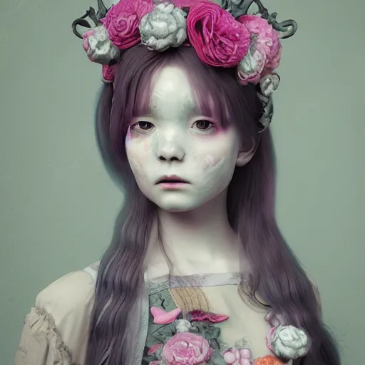 Image similar to 8 k, octane render, realism, tonalism, renaissance, rococo, baroque, cotton candy, portrait of a creepy young lady wearing long - harajuku manga - dress with flowers and skulls