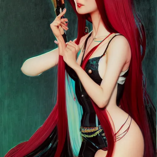 Image similar to a beautiful portrait of hatsune miku with long black and deep red colored hair dressed as a 1 9 6 0 s go - go dancer, intricate, elegant, highly detailed, digital painting, artstation, concept art, matte, sharp focus, illustration, art by greg rutkowski and alphonse mucha