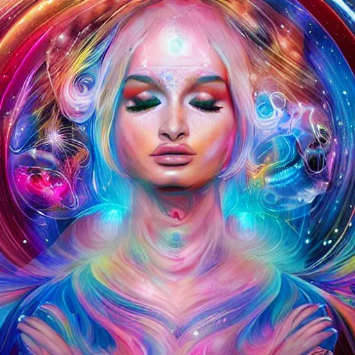 Image similar to a silk portrait of kim petras with her eyes closed, galaxy colored psychedelic chakra awakening kundalini ethereal vibes, transcending to a higher plane of existence, eternal blessing, multiverse, visionary art, by android jones, artstation, deviantart