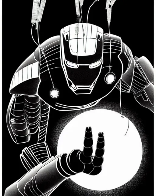 Image similar to black and white sad iron man with wires on hands on the destroed moon, iron man eat banana, wires earth background, by tsutomu nihei