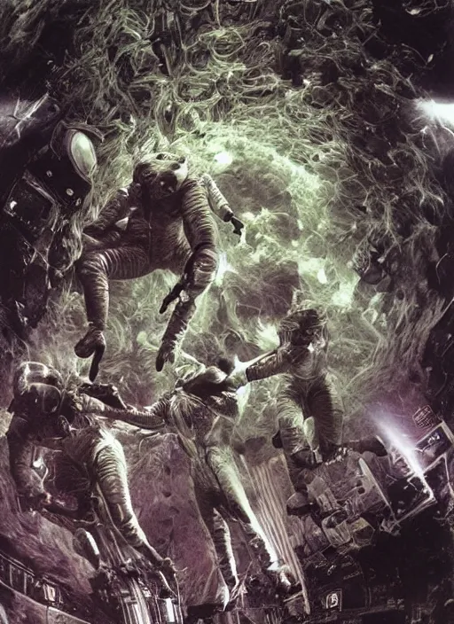 Image similar to astronauts in dark and empty void underwater - complex and hyperdetailed technical suit. reflection and dispersion materials. rays and dispersion of light. volumetric light. 5 0 mm, f / 3 2. noise film photo. flash photography. ultra realistic, wide angle. poster by wayne barlowe, hajime sorayama aaron horkey, craig mullins