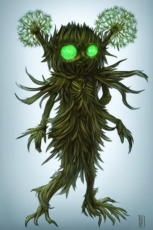 Image similar to a glowing humanoid figure dandelion monster with large glowing eyes, highly detailed, digital art, sharp focus, trending on art station, artichoke, anime art style