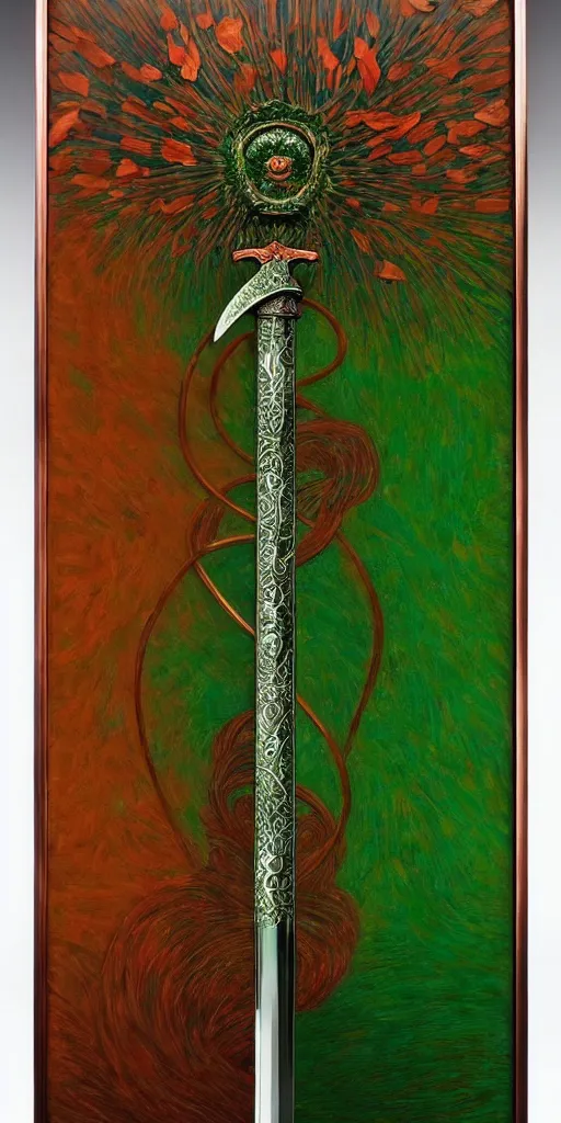 Image similar to a sword made from flower petals in the style of zdzisław beksinski, elegant, copper and emerald, shining