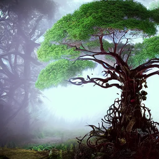 Prompt: horrific, spectacular tree in a densely overgrown mysterious jungle, fantasy, dreamlike sunraise, ultra realistic