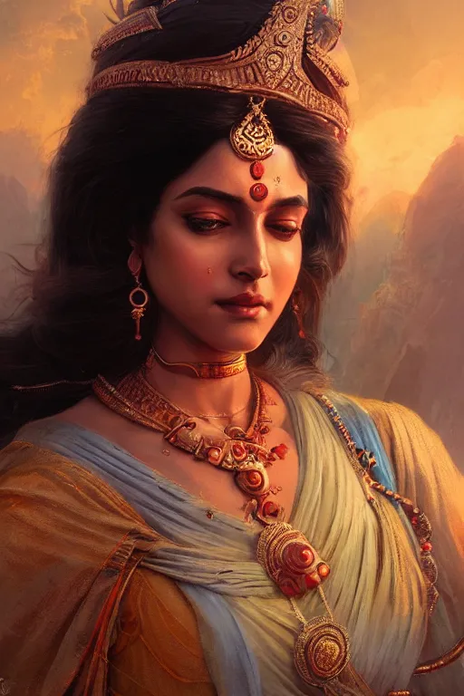 Prompt: goddess of the india, highly detailed, digital painting, artstation, concept art, smooth, sharp focus, illustration, unreal engine 5, 8 k, art by artgerm and greg rutkowski and edgar maxence