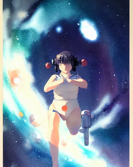 Image similar to oriental water color of a cute thicc astronaut woman, floating through space, backlit, by makoto shinkai and krenz cushart