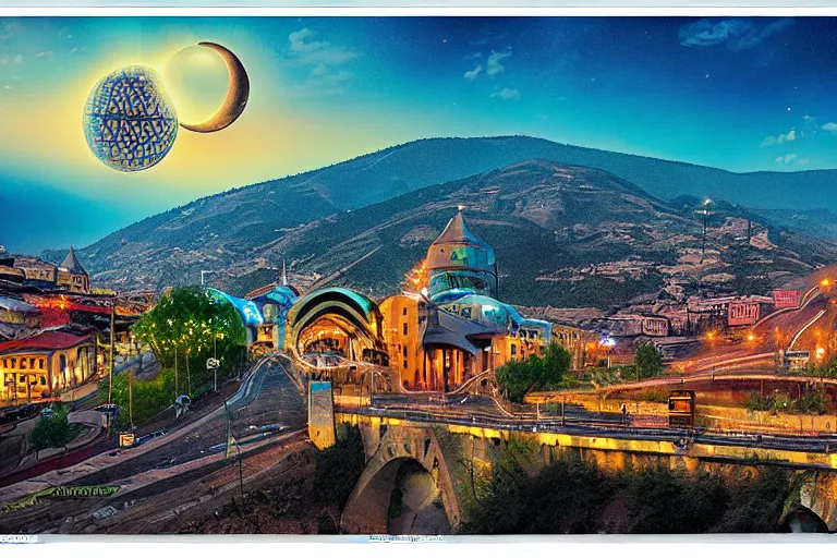 Image similar to tbilisi poster art, solarpunk, cinematic