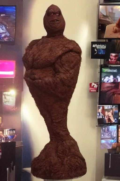 Image similar to A realistic clayface is standing front of TV and making a head by copying female model's appearance in the TV screen which shows her photoshoot, highly detailed,