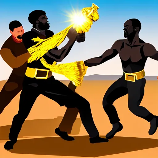 Image similar to black person with golden mace in hands fighting lenin in mountains, photorealistic