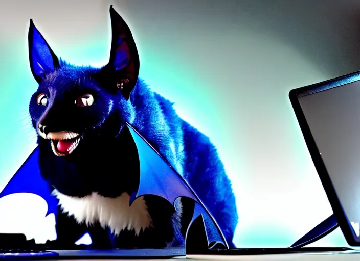 Image similar to a blue - and - black male catbat fursona with blue / green heterochromatic eyes ( differently - colored eyes, one eye green, one eye blue ) and huge bat ears, photo of the catbat streaming on his computer