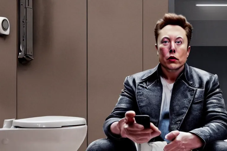 Image similar to hyperrealism aesthetic ridley scott and denis villeneuve style photography of a detailed hyperrealism elon musk, siting on a detailed hyperrealism toilet and scrolling his detailed smartphone in hyperrealism scene from detailed art house movie in style of alejandro jodorowsky and wes anderson