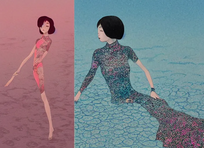 Image similar to lee jin - eun in luxurious dress emerging from pink and turquoise water in salar de uyuni with the ground reflecting the eclipse by takato yamamoto, nicola samuri, conrad roset, m. k. kaluta, martine johanna, rule of thirds, elegant look, beautiful, chic, face anatomy, cute complexion