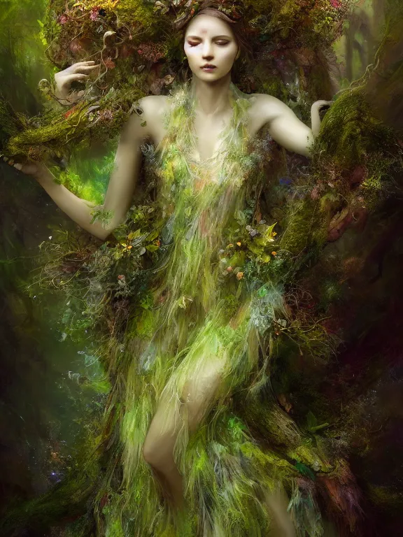 Image similar to Full View Portrait Mystical ethereal Forest deity wearing beautiful dress, vines tree bark moss Dryad made of forest beautiful dress, 4k digital masterpiece by Craig Mullins and Ruan Jia and Tom bagshaw, Alberto Seveso, fantasycore, Hyperdetailed, realistic oil on linen, soft lighting, kush background, featured on Artstation, textured, stylized, intricate details