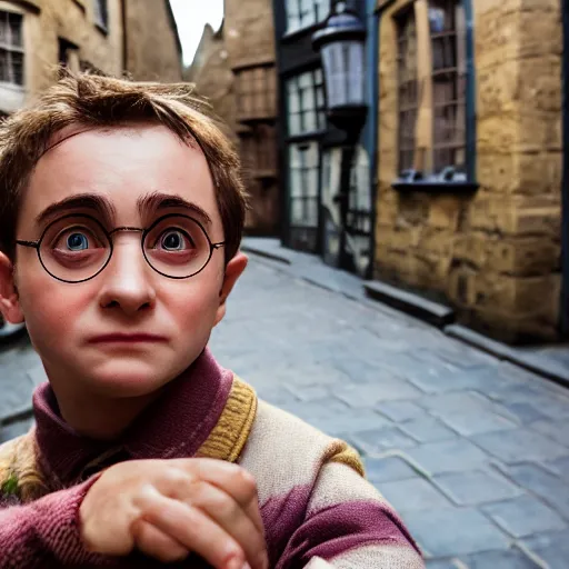 Image similar to closeup portrait Harry Potter in a diagon alley, by Steve McCurry and David Lazar, natural light, detailed face, CANON Eos C300, ƒ1.8, 35mm, 8K, medium-format print