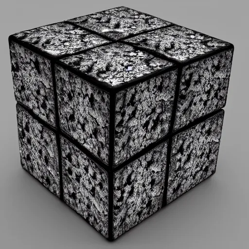 Prompt: 3 d floating cube made of reflective material with lichen growing on it, angled, high contrast, black background