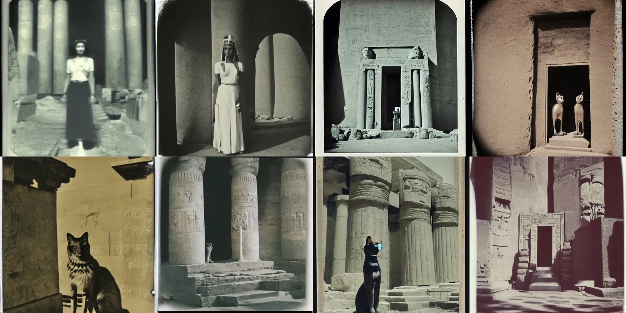 Prompt: old polaroid from 1 9 5 2 depicting egyptian goddess bastet, standing in the entrance of an temple, sunny day
