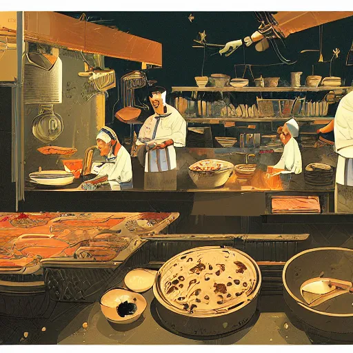 Prompt: illustration of Courageous chef's kitchen, by Victo Ngai and James Gilleard and Bruce Pennington