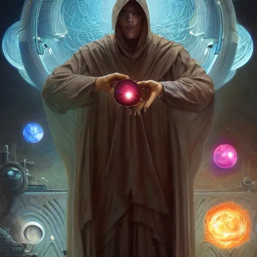 Image similar to the creator of worlds wearing a cloak and holding a holographic planet projection in his hand, detailed, sci - fi, digital painting, artstation, sharp focus, illustration, ominous, artgerm, tomasz alen kopera, peter mohrbacher, donato giancola, joseph christian leyendecker, wlop, frank frazetta