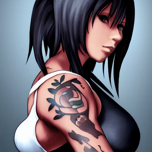 Image similar to high quality art of tifa lockhart with tattoos, flexing, trending on artstation