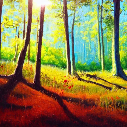 Image similar to a painting of lush forest in the sunlight, acrylic painting, very detailed, mellow, 4 k, trending on artstation