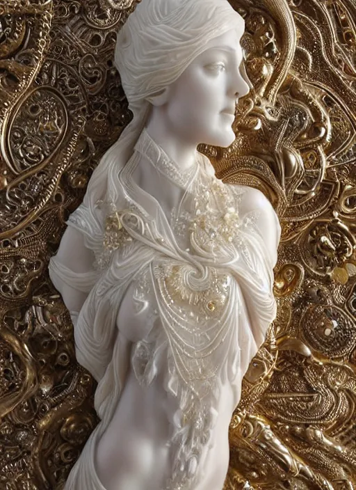 Prompt: romantic marble sculpture of beautiful woman, glistening, mandelbulb, hypercube, ivory carving, fractal paisley inlay, lace, intricate, elegant, highly detailed, gold inlay, metallic, ivory, artgerm, lace, by ruan jia and greg rutkowski