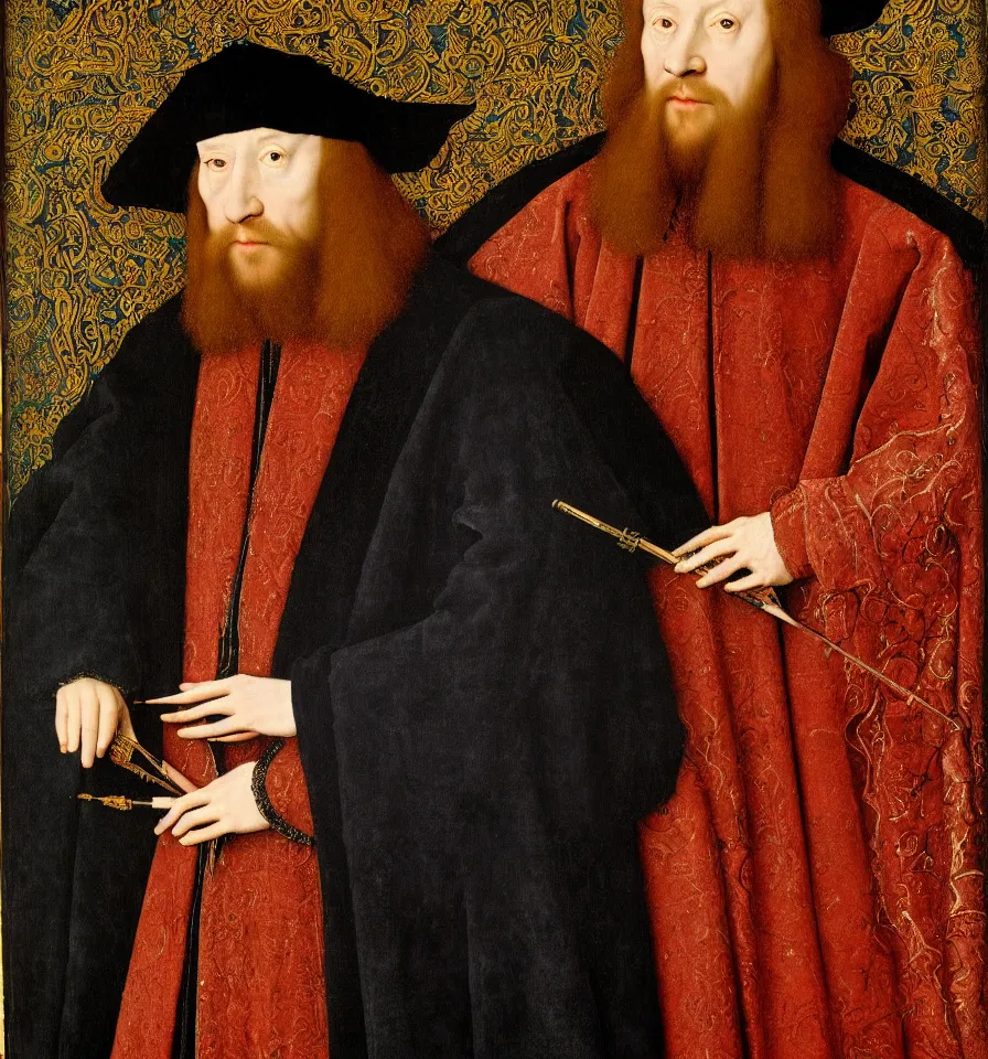 Image similar to painted portrait of a glorious wizard with a magic wand wearing a rich embroidered velvet cloak, 1 6 th century, hans holbein the younger, jan van eyck, gerit dou,