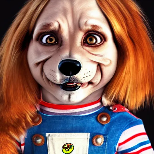 Prompt: A dog dressed as Chucky, photo realistic, digital art, trending on artstation, HDR, 8k, well detailed